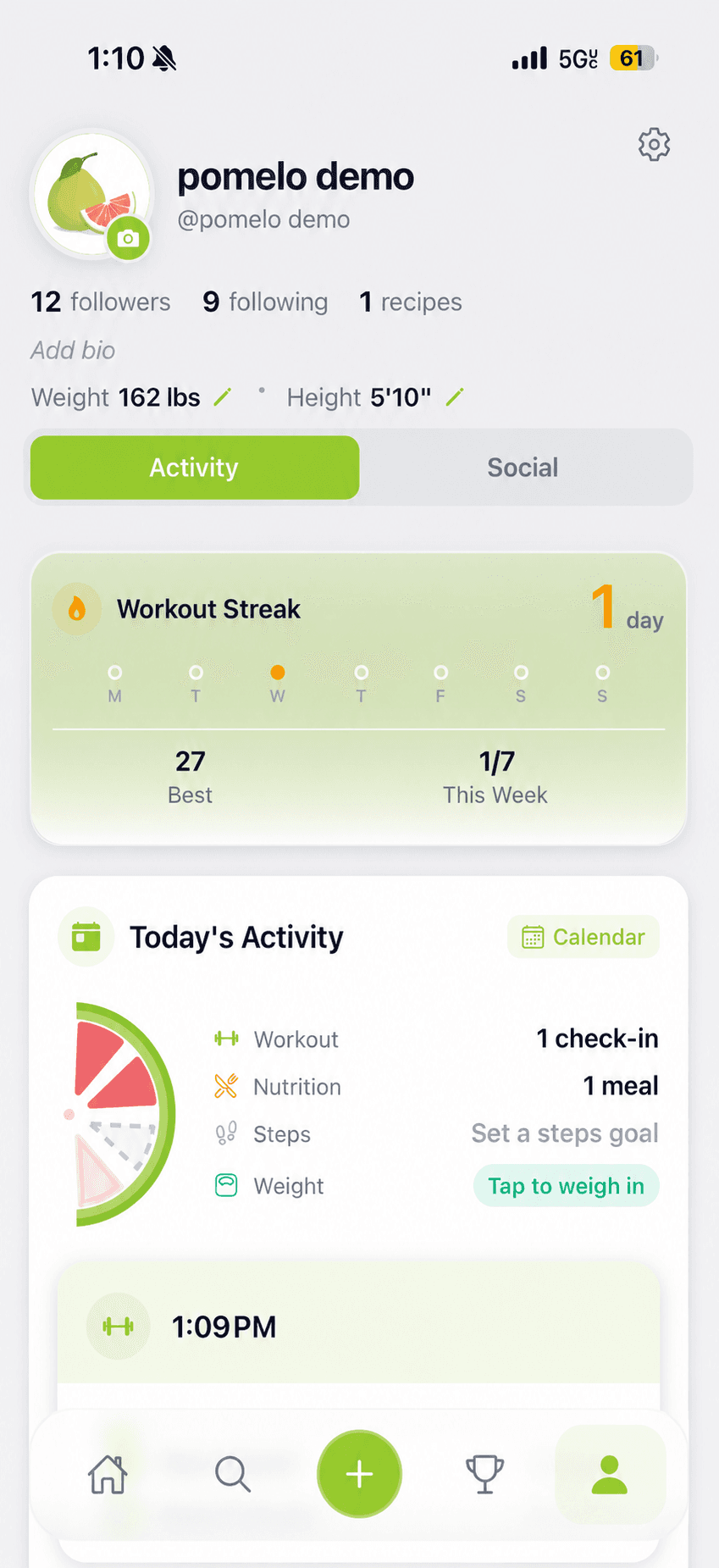 Pomelo profile screen showing today's workouts, nutrition, steps and weight in one place